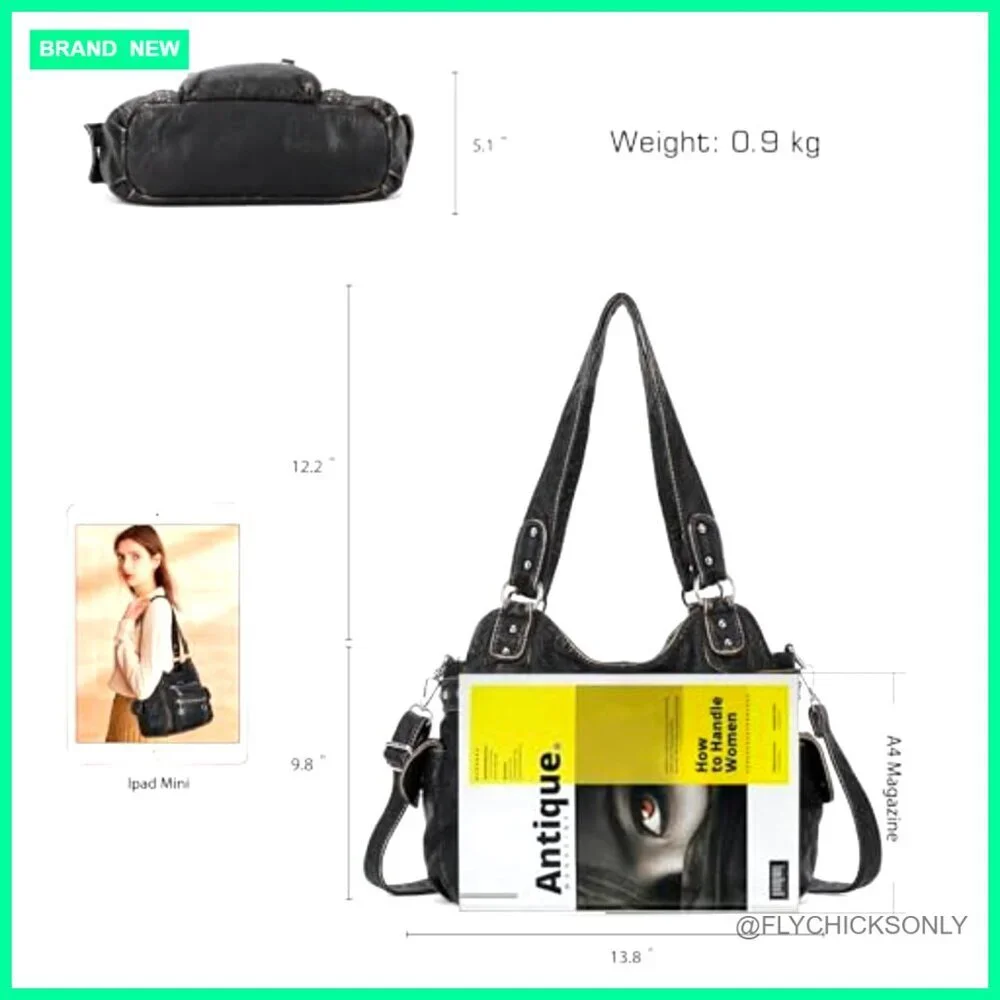 Soft PU Leather Hobo Shoulder Bag with 12 Pockets, Adjustable Strap